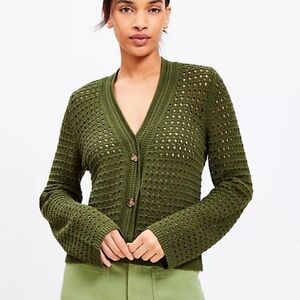 LOFT Green Sheer Knit Button Cotton Cardigan Small